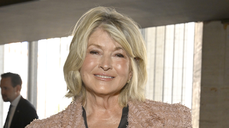 Martha Stewart smiling and wearing a shaggy pink coat