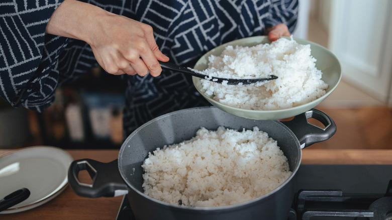 Close-up shot of a woman's hands filling a bowl with cooked rice in the kitchen.