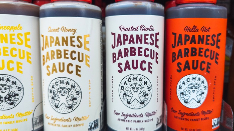 Bottles of Bachan's BBQ sauce on grocery store shelf