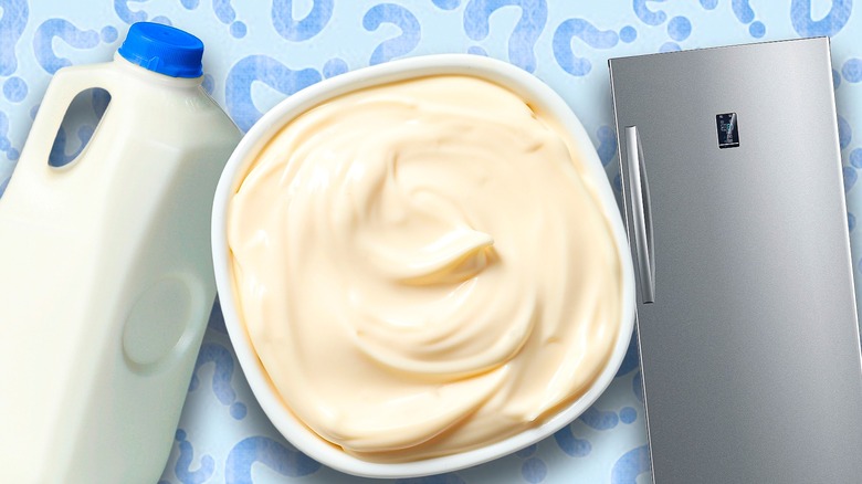 Composite image of milk jug, bowl of mayonnaise, and a fridge