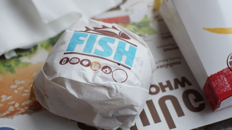 A Burger King Big Fish sandwich, wrapped.