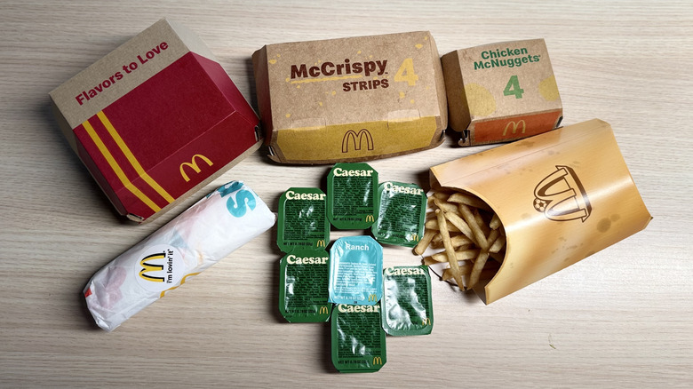 Boxed and unwrapped McDonald's items