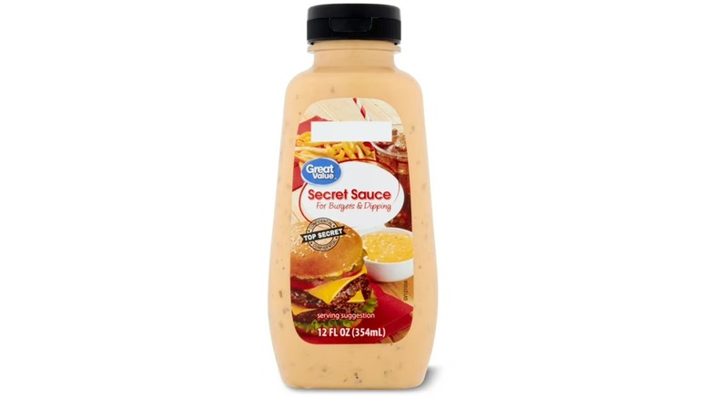 A bottle of Great Value Secret Sauce from Walmart on a white background