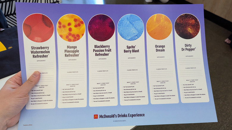 Hand holding McDonald's drink criteria sheet with checkboxes.