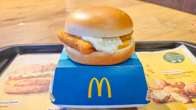 Filet-O-Fish sandwich on top of the box