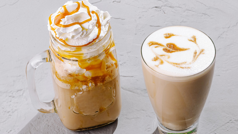 Two caramel flavored beverages in glasses