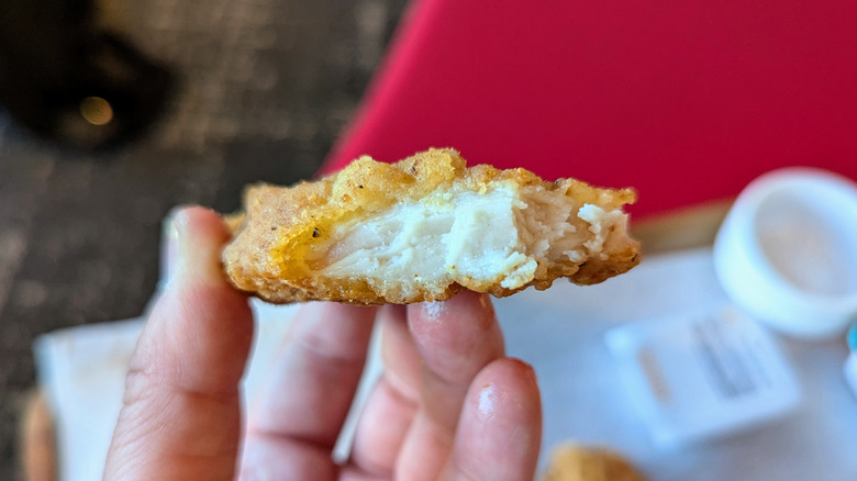 hand holding bitten chicken tender