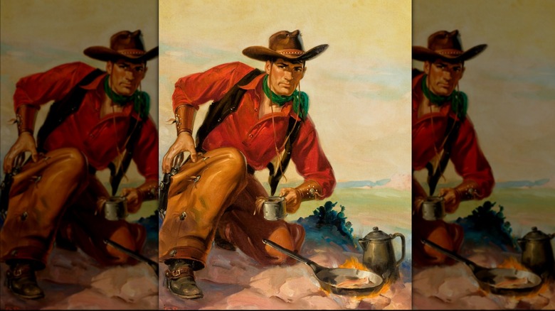 Old illustration of a cowboy drinking coffee and cooking food, mirrored