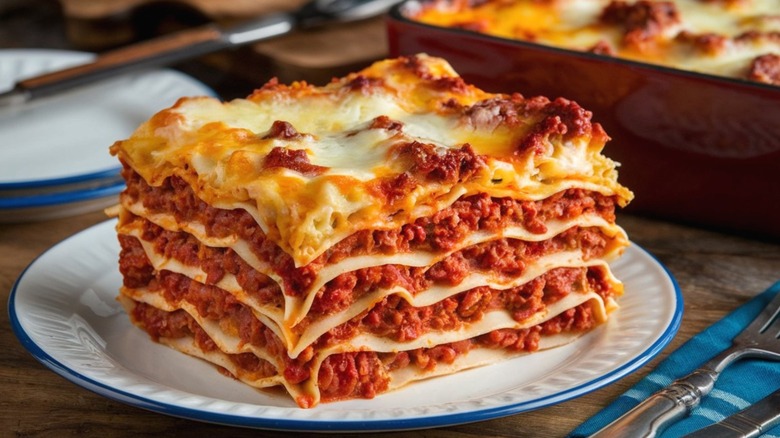A plate of lasagna.
