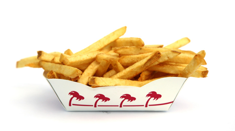 The French fries from In-N-Out in a disposable In-N-Out tray