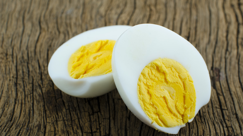Halved hard-boiled egg closeup