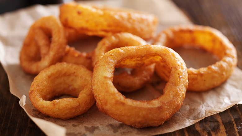 Closeup of crisp hot fried onion rings