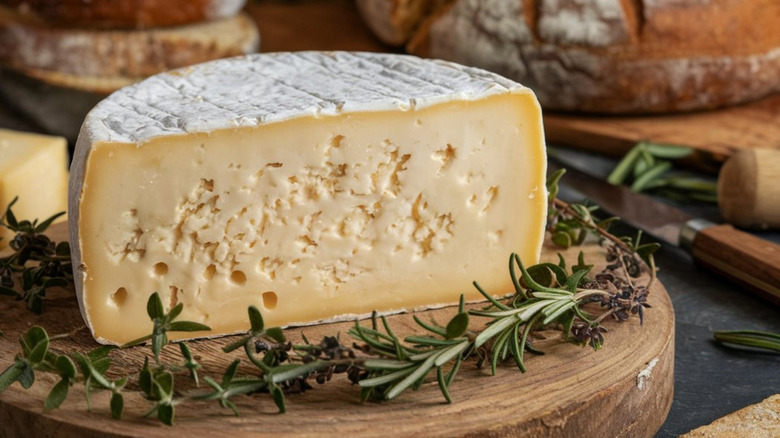 Close up of rind-washed cheese, sliced open
