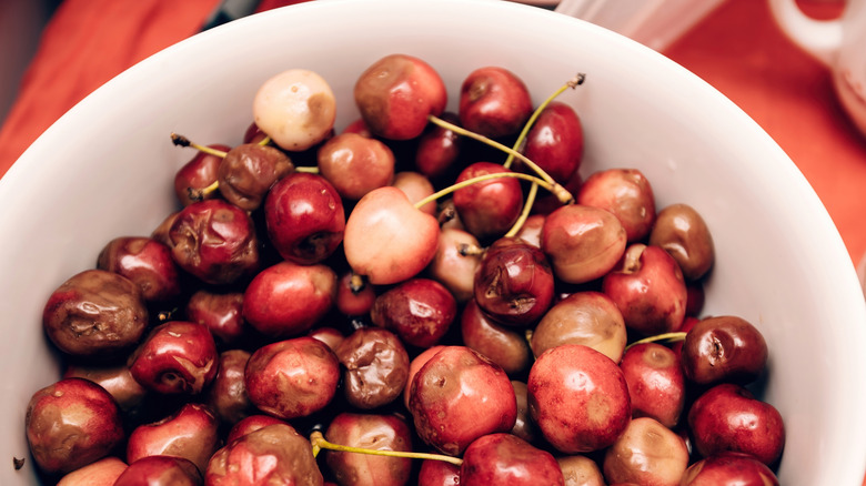 A large plate filled with spoiled cherries