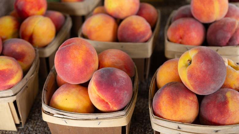 Several small crates of peaches at a market