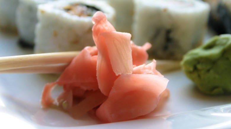Close up of pickled ginger on sushi tray