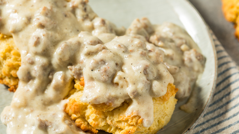 Sausage gravy on biscuits