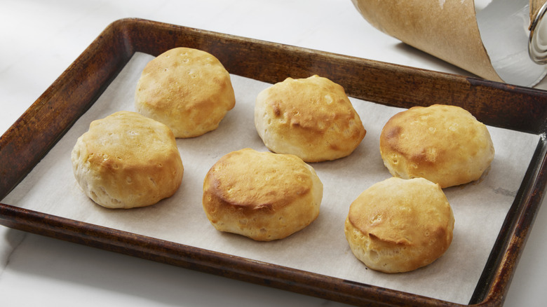 Store-bought biscuits on tray