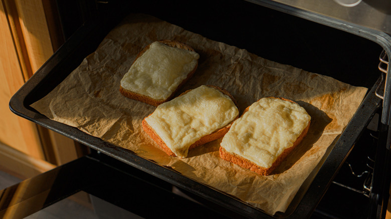 Oven-baked open-faced grilled cheese