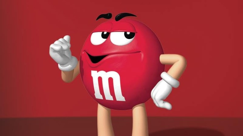 Red M&M's mascot with red background