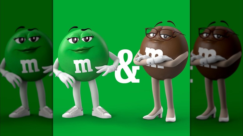 Green and brown M&M'S mascots with bright green background