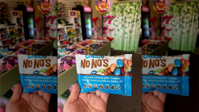 Hand holding package of No Whey! Foods Choco No No's