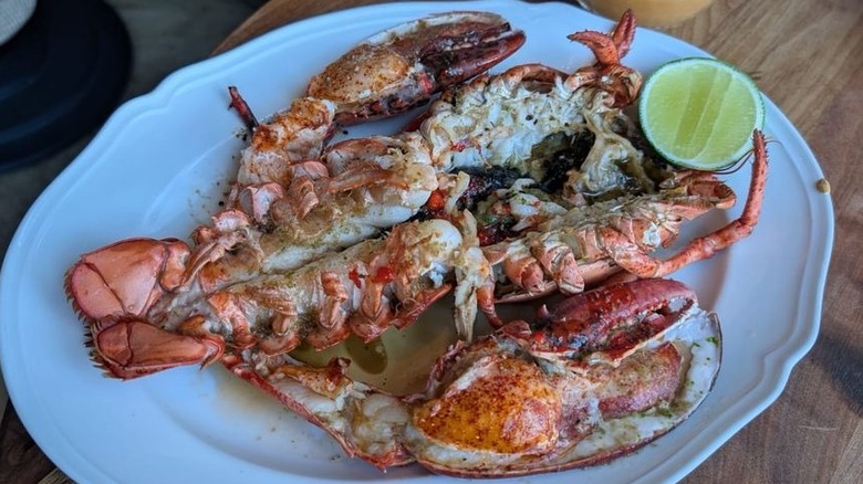 Grilled lobster on a white oval plate with half a lime