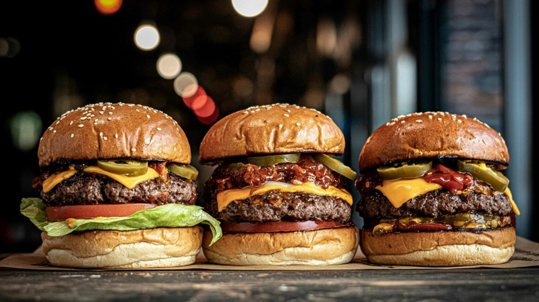 Three big burgers with cash behind them