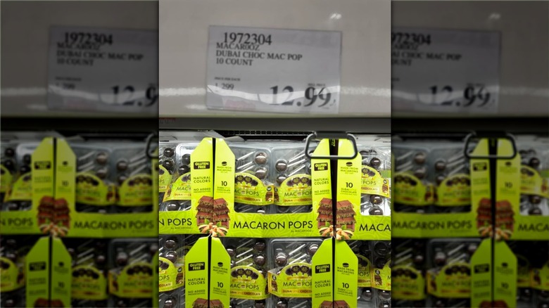 Boxes of Macarooz Dubai Chocolate Mac Pops on Costco shelves