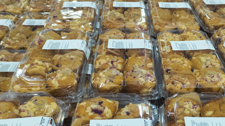 Several rows of Costco muffin packages at a Costco warehouse.