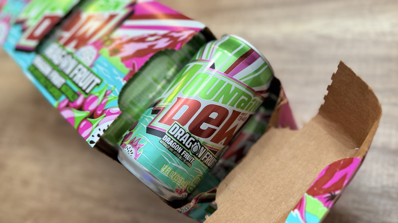 Box of Mountain Dew Dragon Fruit cans