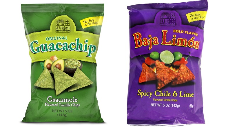 bags of El Sabroso Baja Limón Spicy Chile & Lime and Guacachip tortilla chips