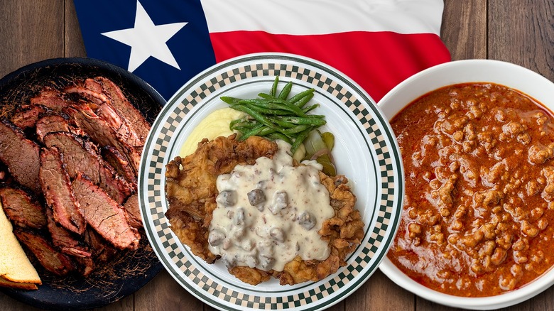 Plates of chicken fried steak, brisket, and chili over a Texas flag.