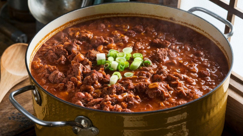 Pot of red chili without any beans.