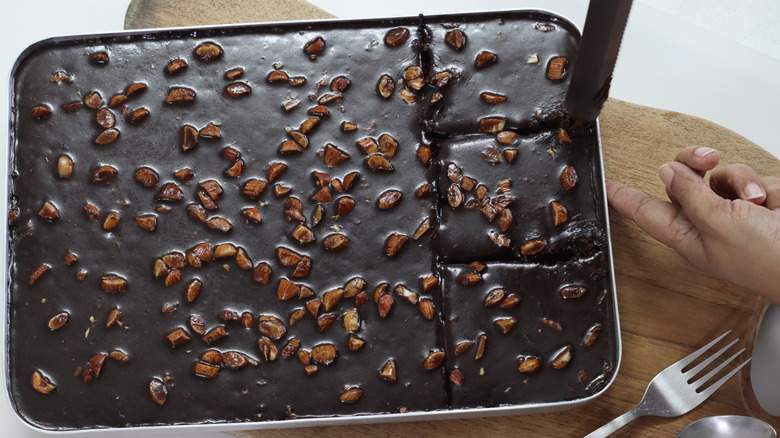 Chocolate cake with chocolate frosting and nuts sprinkled on top.
