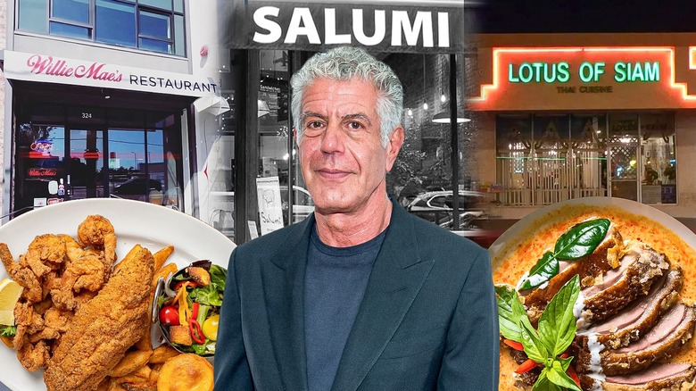 Anthony Bourdain smiling in front of signs for three restaurants