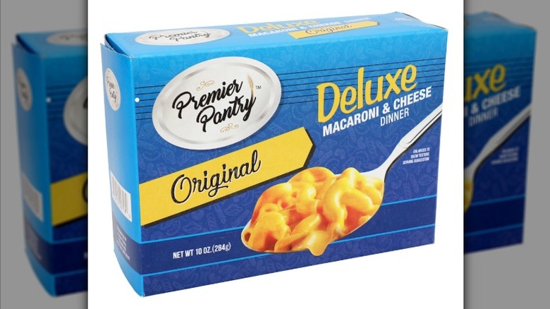 A box of Premier Pantry Deluxe Macaroni and Cheese on a white background.