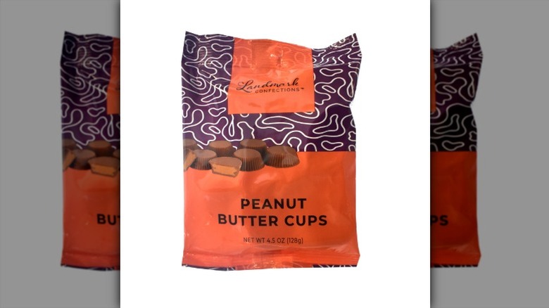 A bag of Landmark Confections peanut butter cups on a white background.