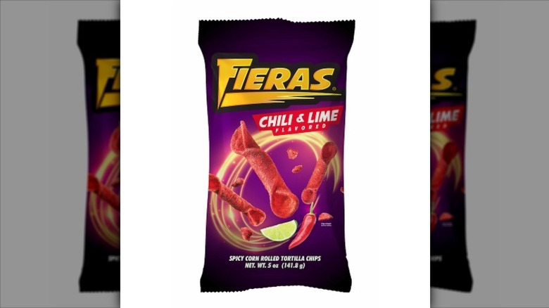 A bag of Fieras chile and lime-flavored chips on a white background.
