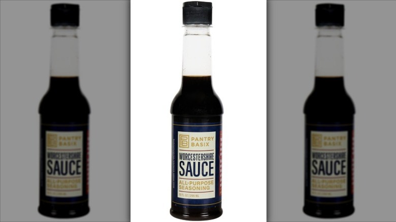 A bottle of Pantry Basix Worcestershire Sauce on a white background.