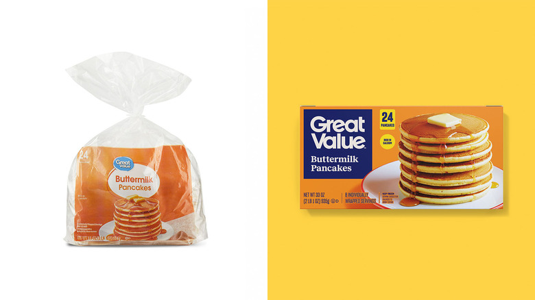 The old Great Value Buttermilk Pancakes packaging next to the updated packaging.