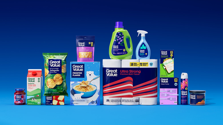 An image of rebranded Great Value products on a blue background.