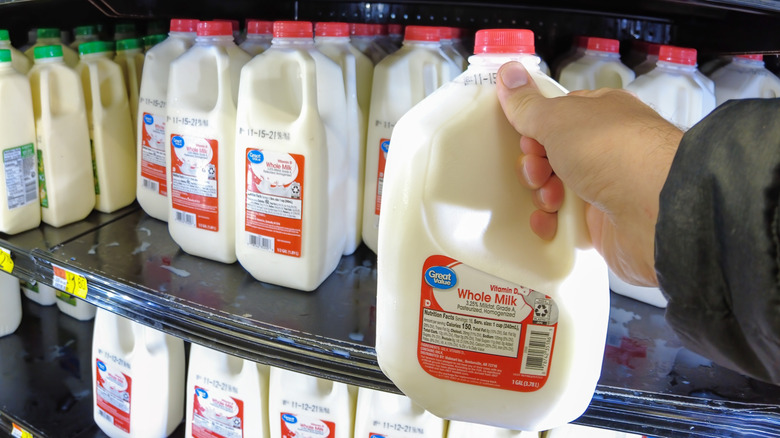 Person's hand reaching for gallon of Walmart's Great Value whole milk next to other milks on the shelf