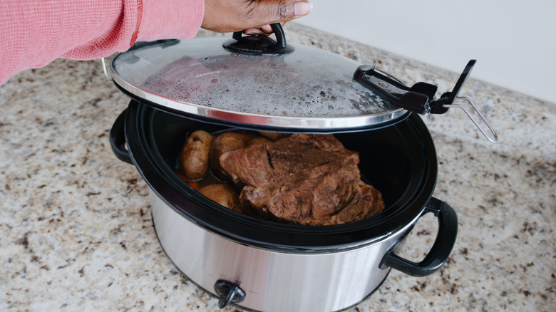 High angle view of meat in a slow cooker