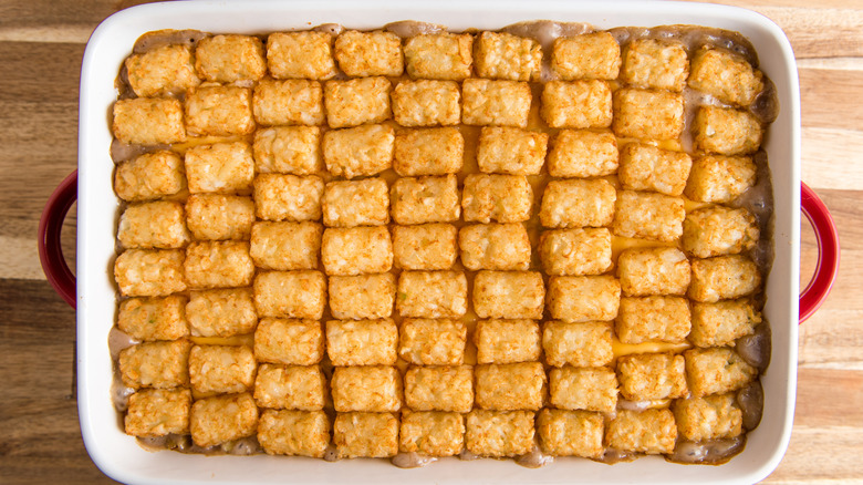 A top-down look at a cooked tater tot casserole