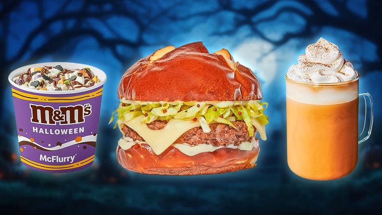 M&M's Halloween McFlurry, Burgerville Oktoberfest cheeseburger, and pumpkin spice latte with whipped cream