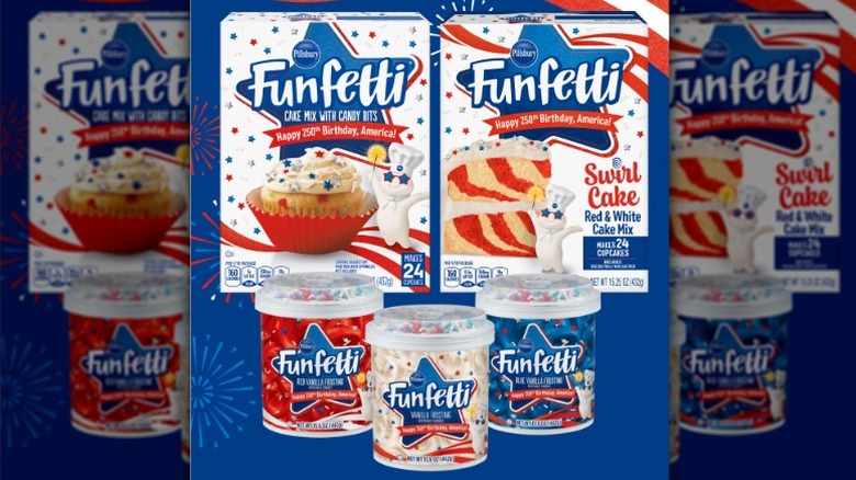 Red, white, and blue Funfetti cake mixes and frostings