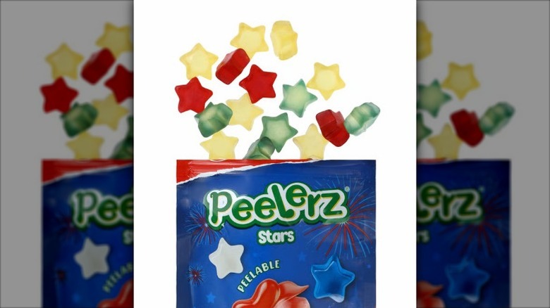 A bag of Peelerz Stars open at the top and showing a selection of stars shooting upwards