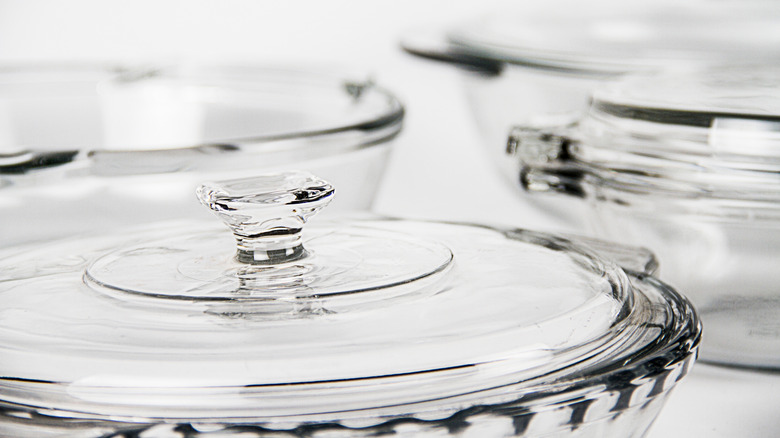 Pyrex glassware set on white background.