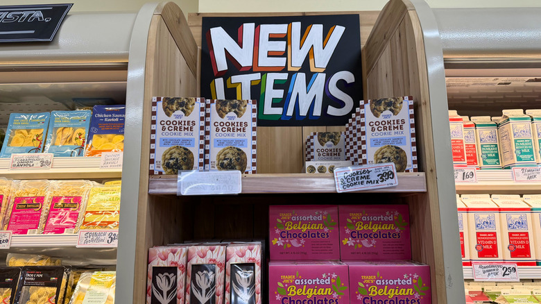 New Items shelf at Trader Joe's with cookie mix and chocolates